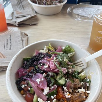 CAVA - Lemon Chicken salad, BF's bowl, jasmine iced tea. - Mediterranean Near Me - Highlands Ranch, Colorado CAVA - Lemon Chicken salad, BF's bowl, jasmine iced tea. - Mediterranean Near Me - Highlands Ranch, Colorado