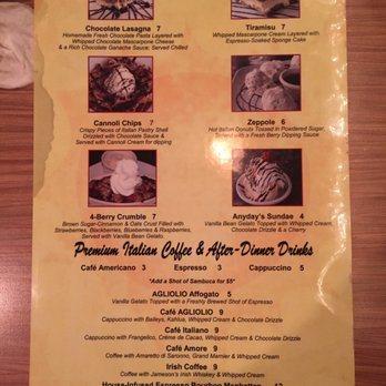Agliolio - Dessert menu. Have to come back with an appetite to try. - Italian Near Me - Boynton Beach, Florida Agliolio - Dessert menu. Have to come back with an appetite to try. - Italian Near Me - Boynton Beach, Florida