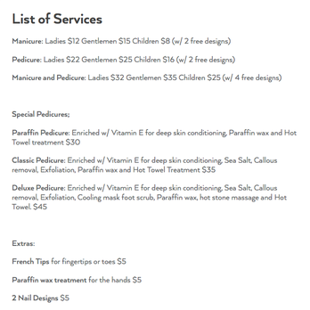 Nail Pro - Partial Price List of Basic Nail Services - Nail Salons Near Me - Vancouver, Washington