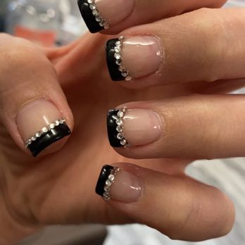 SN Brows, Tips & Toes - Full set manicure - Black tips with diamond gems - Nail Salons Near Me - Yuba City, California SN Brows, Tips & Toes - Full set manicure - Black tips with diamond gems - Nail Salons Near Me - Yuba City, California