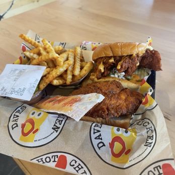 Dave's Hot Chicken - Dave's Hot Chicken number Dave's #3: 1 Tender & 1 Slider w/ Fries - Chicken Shop Near Me - Menifee, California Dave's Hot Chicken - Dave's Hot Chicken number Dave's #3: 1 Tender & 1 Slider w/ Fries - Chicken Shop Near Me - Menifee, California