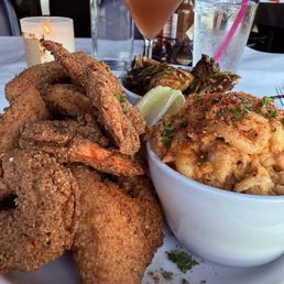 Chicken wing shrimp combo with Mac and cheese and Brussels sprouts