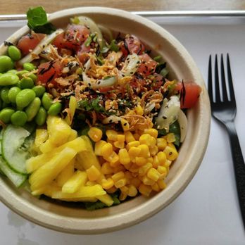 Big Fin Poke - Big fin poke bowl with corn, edamame, Cuke and Pineapple added. - Poke Near Me - Westbrook, Maine Big Fin Poke - Big fin poke bowl with corn, edamame, Cuke and Pineapple added. - Poke Near Me - Westbrook, Maine