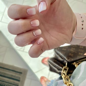 Luxy Nails and Spa - Pink and white ombre with rhinestones - Nail Salons Near Me - Melbourne, Florida Luxy Nails and Spa - Pink and white ombre with rhinestones - Nail Salons Near Me - Melbourne, Florida