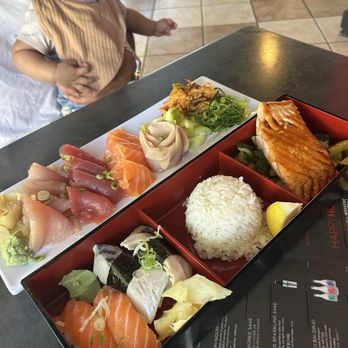 Sushi Omakase - salmon & nigiri bento box came with miso soup that I finished. Above, the sashimi with sides. - Sushi Bars Near Me - Gilroy, California