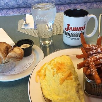 Jamms Restaurant - Ham/Cheese/Mushrooms Omelette, Fresh baked Pot-a-bread (Cinnamon & Raisin), Sweet Potato Fries, and Coffee.  My favorite breakfast. - Breakfast & Brunch Near Me - Las Vegas, Nevada