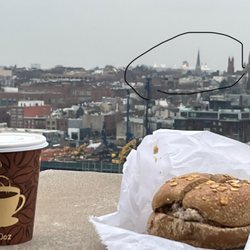 Whole grain bagel with luscious cinnamon, raisin, walnut cream cheese and a latte!