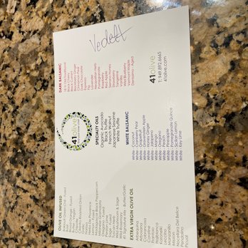 41 Olive - a menu on a marble table - Olive Oil Near Me - Mission Viejo, California 41 Olive - a menu on a marble table - Olive Oil Near Me - Mission Viejo, California