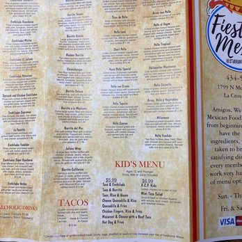 Fiesta Mexico - a menu for a mexican restaurant - Mexican Near Me - La Crosse, Virginia