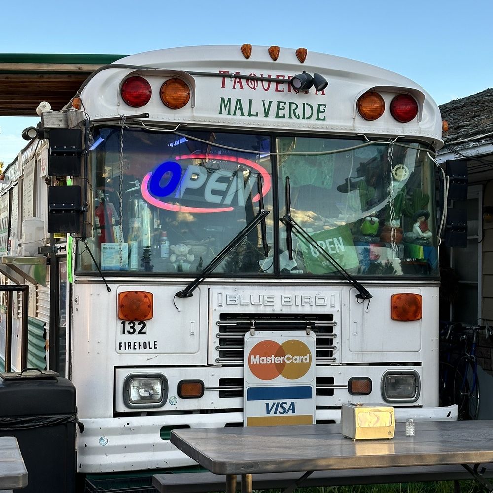 Front of the "taco truck" bus Front of the "taco truck" bus