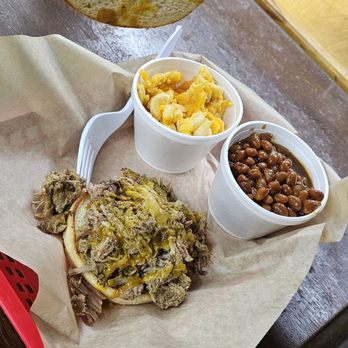 Caino's BBQ at the Red Barn - Pulled pork sandwich with mac and backed beans - Barbeque Near Me - Hubert, North Carolina