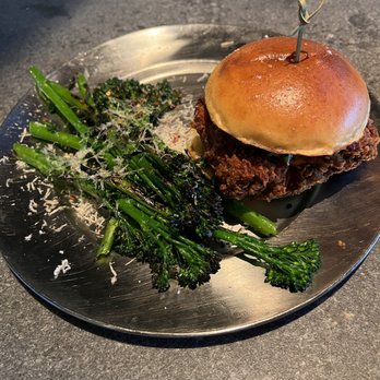 Eureka! - Spicy Fried Chicken Sandwich and Broccolini - Burgers Near Me - Ontario, California Eureka! - Spicy Fried Chicken Sandwich and Broccolini - Burgers Near Me - Ontario, California