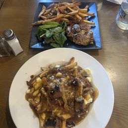 Poutine and chicken sandwich Poutine and chicken sandwich