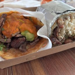 Asada Tijuana taco and asada burrito (cut in half)