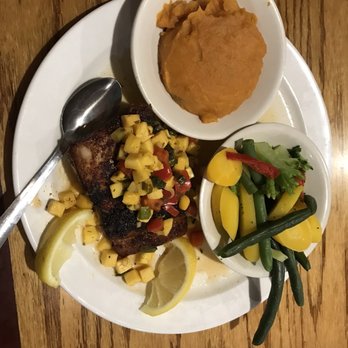 Roosterfish Grill - Mahi mahi with mango salsa, sweet potato mash, steamed vegetables. - Seafood Near Me - Largo, Florida