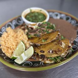 Pancho Villa Mexican Food - Birria tacos plate with rice, beans and consome soup