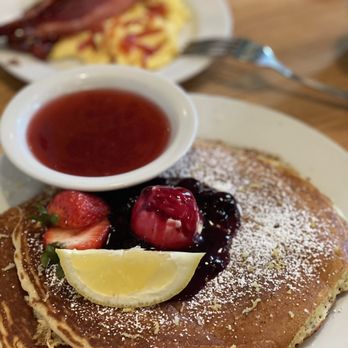 Jongewaard's Bake n Broil - Close up Lemon Blueberry Pancakes with Raspberry Sauce - American Near Me - Long Beach, California