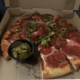 Double pepperoni and half Canadian bacon with bell pepper. Double pepperoni and half Canadian bacon with bell pepper.