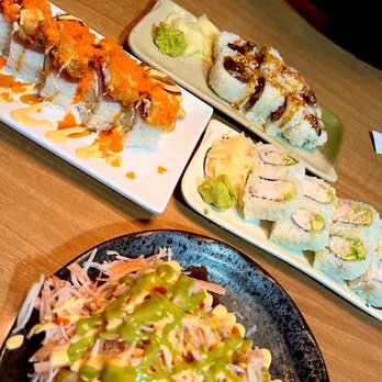 Mioki Sushi - Clockwise from the top: salmon skin roll, California roll, dynamite roll, Godzilla #2 roll - Sushi Bars Near Me - Fremont, California Mioki Sushi - Clockwise from the top: salmon skin roll, California roll, dynamite roll, Godzilla #2 roll - Sushi Bars Near Me - Fremont, California