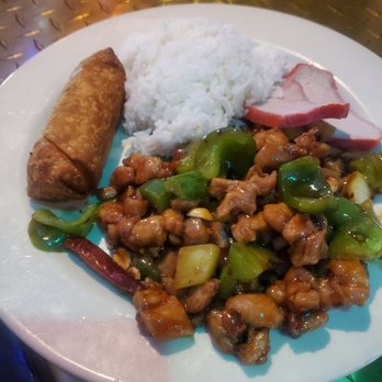 Ming Du - Combination Special #2 Kung Pao Chicken with white rice, pork strips, and an egg roll - Chinese Near Me - Stoughton, Massachusetts Ming Du - Combination Special #2 Kung Pao Chicken with white rice, pork strips, and an egg roll - Chinese Near Me - Stoughton, Massachusetts