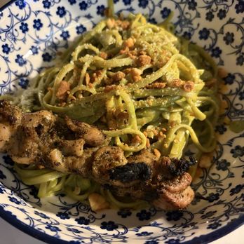 Selini - Linguine pesto with a chicken kebab - Greek Near Me - Delray Beach, Florida Selini - Linguine pesto with a chicken kebab - Greek Near Me - Delray Beach, Florida