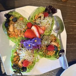 Thai lettuce cups - edible flowers. Gorgeous plating, fresh and yum!