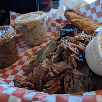 Steamboat BBQ - 3 Meat Combo Pulled Pork, Brisket, Catfish w. sauce Beans and Potato Salad - Barbeque Near Me - Wheaton, Illinois