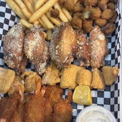 Orchard Bar & Grill - Variety platter with fried okra, Parmesan wings, catfish bites