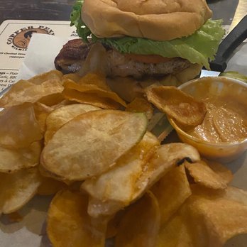 Copper Penny - Grilled Salmon Sandwich and house chips - American Near Me - Wilmington, North Carolina Copper Penny - Grilled Salmon Sandwich and house chips - American Near Me - Wilmington, North Carolina