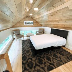 Beaver Lake - Tiny Home cabin interior upstairs bed area. Now there are two full size beds.