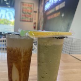 Milk tea with salt foam and hobba also a matcha storm with boba. Milk tea with salt foam and hobba also a matcha storm with boba.