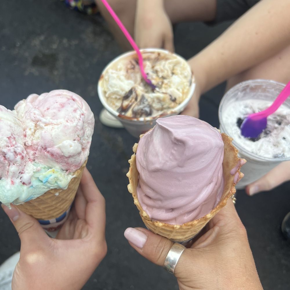 Raspberry cheesecake, salted carmel, Oreo cyclone, and blueberry swirled with bubblegum Raspberry cheesecake, salted carmel, Oreo cyclone, and blueberry swirled with bubblegum