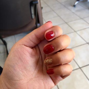G Nails Spa - My nails, dipped with this nice wine color and a glittered ring finger. - Nail Salons Near Me - Lakemoor, Illinois