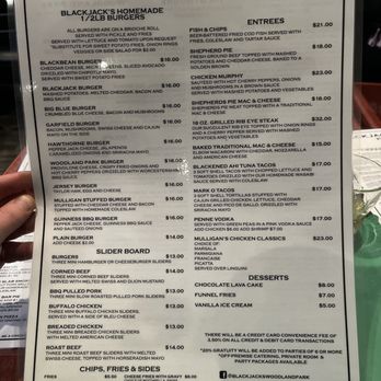 Blackjack Mulligans - Menu Back - Irish Pub Near Me - Woodland Park, New Jersey