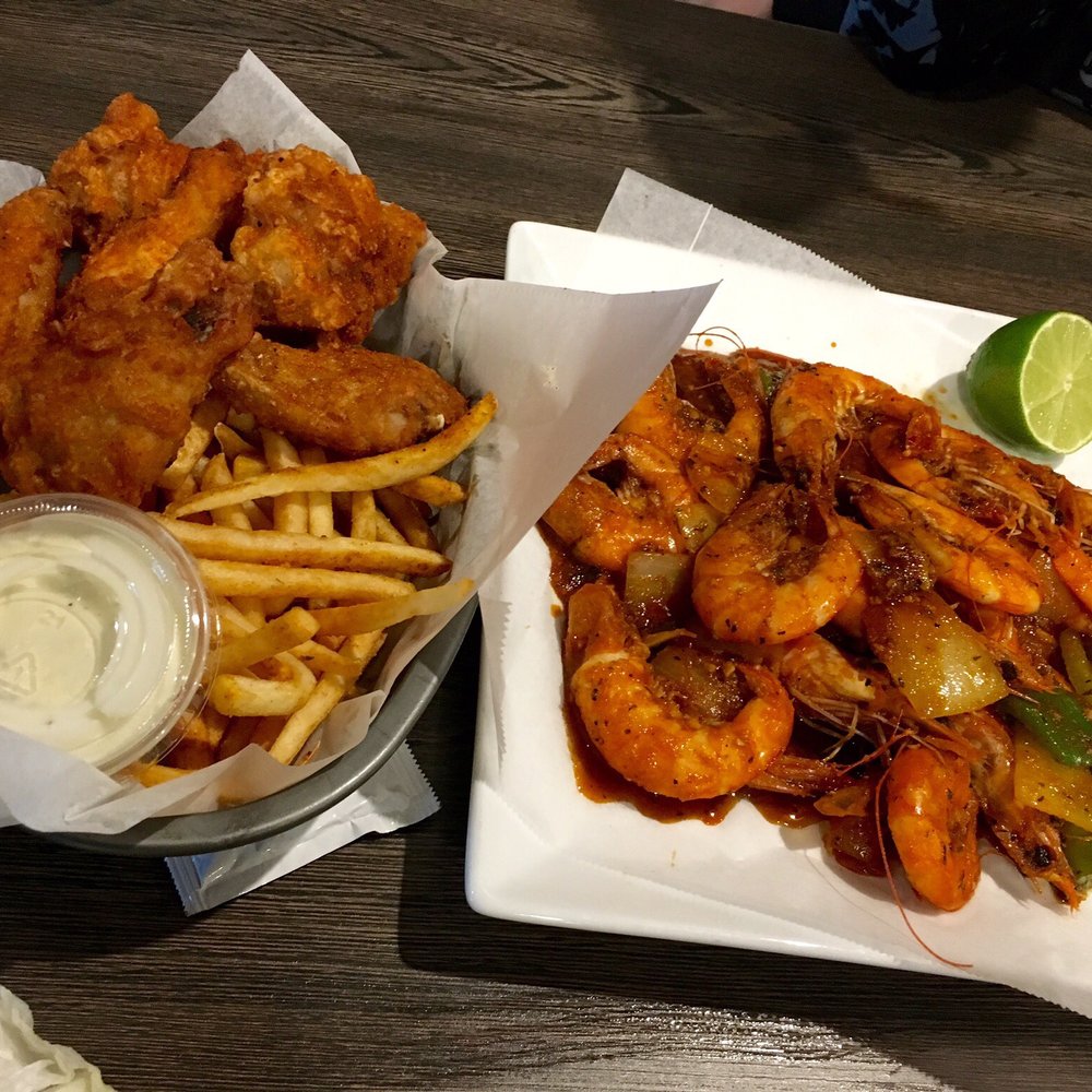 Boba Tea Zone - Spicy chicken wings with a side of fries and cajun shrimp. So yummy! - Bubble Tea Near Me - Pomona, California Boba Tea Zone - Spicy chicken wings with a side of fries and cajun shrimp. So yummy! - Bubble Tea Near Me - Pomona, California
