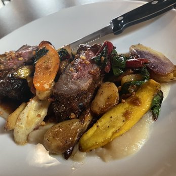 Diverge - Ribeye heart, smoked parsnip, apple & celery root, roasted potatoes, baby carrots, swiss chard, demi- very good - New American Near Me - Dover, New Hampshire
