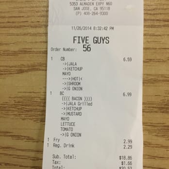 Five Guys - Bill 2 people - Burgers Near Me - San Jose, California Five Guys - Bill 2 people - Burgers Near Me - San Jose, California