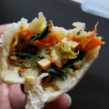 Tea house - Interior of vegetarian dumpling ($6). Good filling, but wrapper was too doughy/thick. - Szechuan Near Me - Saint Paul, Minnesota