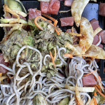 BJ's Restaurant & Brewhouse - Tuna poke Sobe noodle dish with brown avocado. Gross - New American Near Me - Oxnard, California