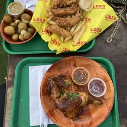 Rotisserie chicken, chicken fingers, potatoes