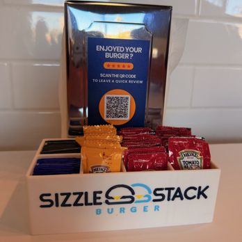 Sizzle Stack Burger - condiments on each table - Burgers Near Me - Las Vegas, Nevada Sizzle Stack Burger - condiments on each table - Burgers Near Me - Las Vegas, Nevada