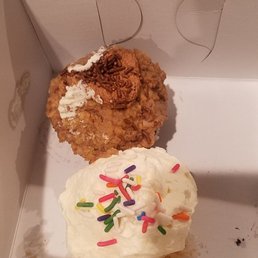 German chocolate (top), vanilla with sprinkles (bottom). I bought 3 cupcakes but the strawberry was snagged before the pic