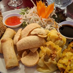 Mudmee - Pang goong, poh pia jay, prawn crackers, kanom jeeb, & gai satay (l to r)