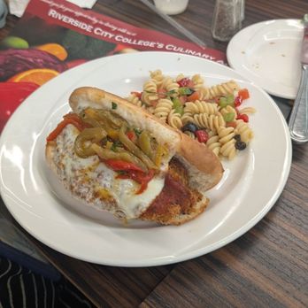Riverside Community College Culinary Academy - Chicken Parmesan Sandwich & pasta salad - New American Near Me - Riverside, California Riverside Community College Culinary Academy - Chicken Parmesan Sandwich & pasta salad - New American Near Me - Riverside, California