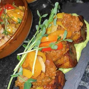 Sobre Mesa - Tostones (fried plantain, plant based chorizo, avocado, sauce) - Cocktail Bars Near Me - Oakland, California Sobre Mesa - Tostones (fried plantain, plant based chorizo, avocado, sauce) - Cocktail Bars Near Me - Oakland, California