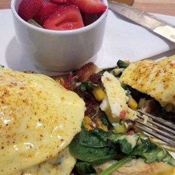 Silver Diner - Crabcake Benedict, comes with fruit, has spinach on it - Diners Near Me - Ashburn, Virginia Silver Diner - Crabcake Benedict, comes with fruit, has spinach on it - Diners Near Me - Ashburn, Virginia