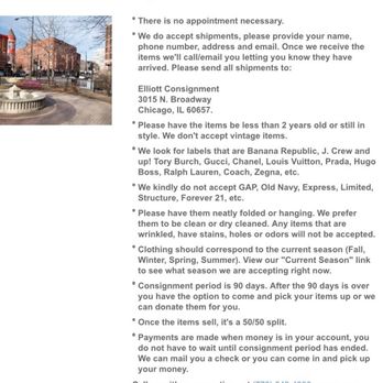 Elliott Consignment - Here are the terms outlined on the website. Note that hanging is not required, and that the consignment terms are 90 days if not sold. - Used, Vintage & Consignment Near Me - Chicago, Illinois