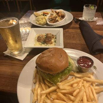 Falconer of Redlands - Waygou burger, sear scallops, butterfly shrimp & spinach & mushrooms - Seafood Near Me - Redlands, California Falconer of Redlands - Waygou burger, sear scallops, butterfly shrimp & spinach & mushrooms - Seafood Near Me - Redlands, California
