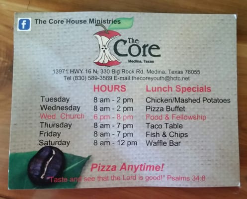 Menu photo 2 The Core House Ministries Medina, TX Menu photo 2 The Core House Ministries Medina, TX