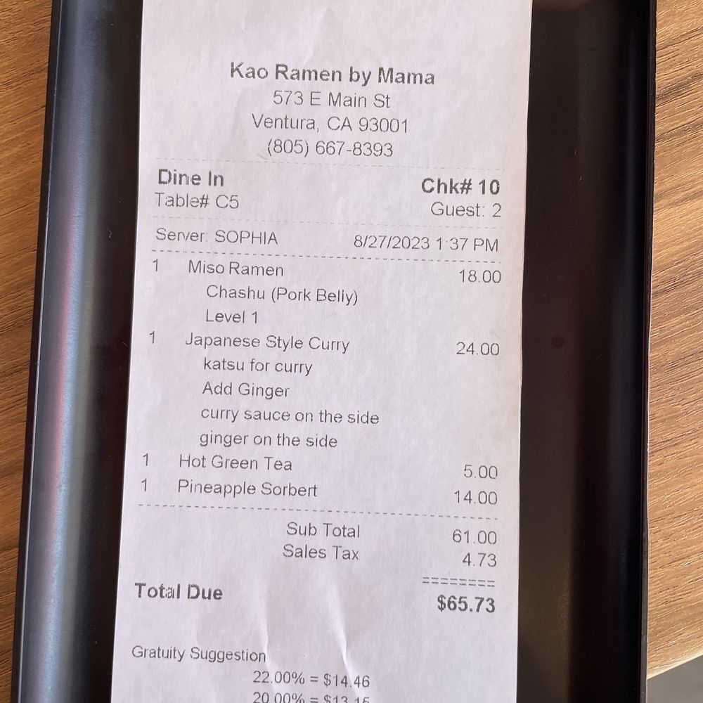 Kao Ramen By Mama - more than a $2 charge for a side of ginger and an unreasonable price for old PineApple Sorbert - Ramen Near Me - Ventura, California